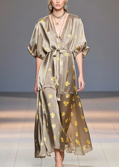 Brown V Neck Print Silk Dress Summer