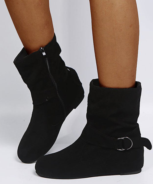 Black Suede Boots Splicing Zippered Buckle Strap