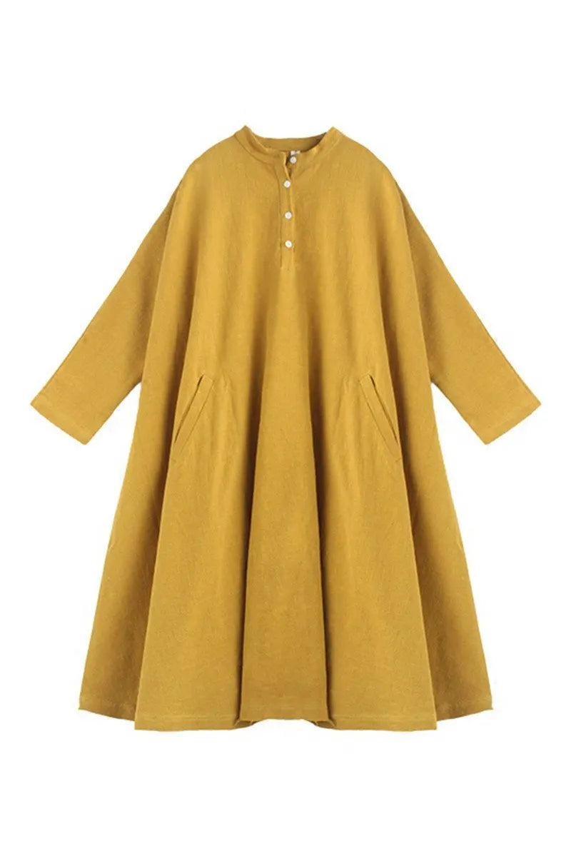 Spring Yellow Cotton Linen Dresses Long Sleeve Shirt Dress Outfits