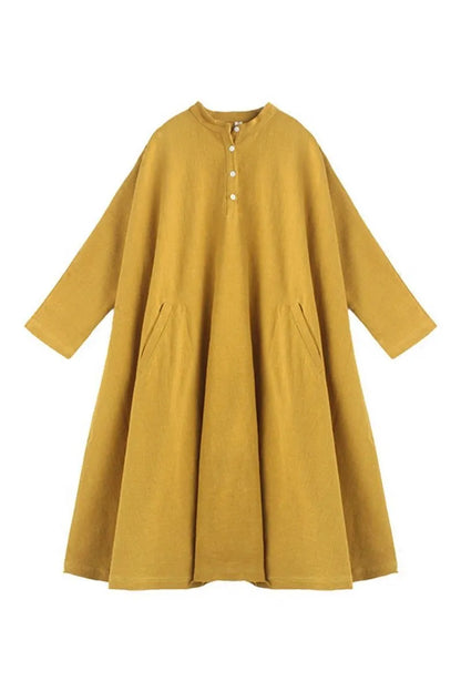 Spring Yellow Cotton Linen Dresses Long Sleeve Shirt Dress Outfits