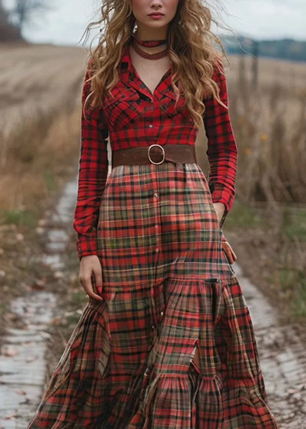Colorblock Plaid Wrinkled Cotton Maxi Dresses Long Sleeve