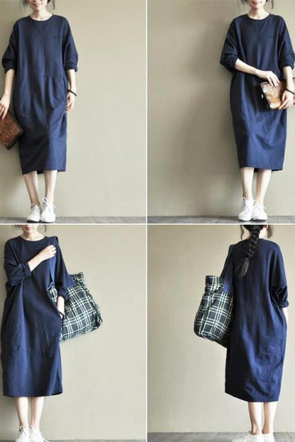Two Colours Round Collar Fleece Long Dress Causel Outfits