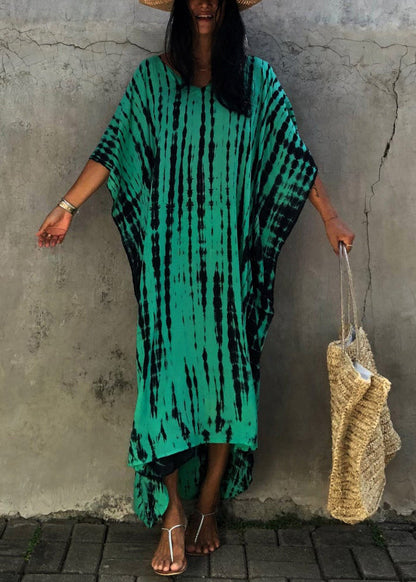 Boutique Green V Neck Tie Dye Cotton Long Dress Summer