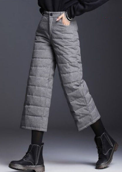 Grey Pockets High Waist Duck Down Crop Pants Winter