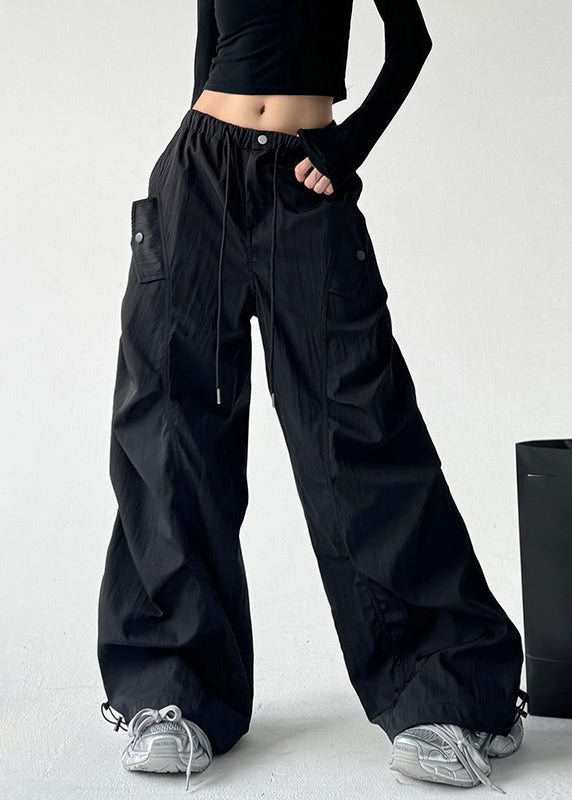 Grey Pockets Tie Waist Wide Leg Pants Spring