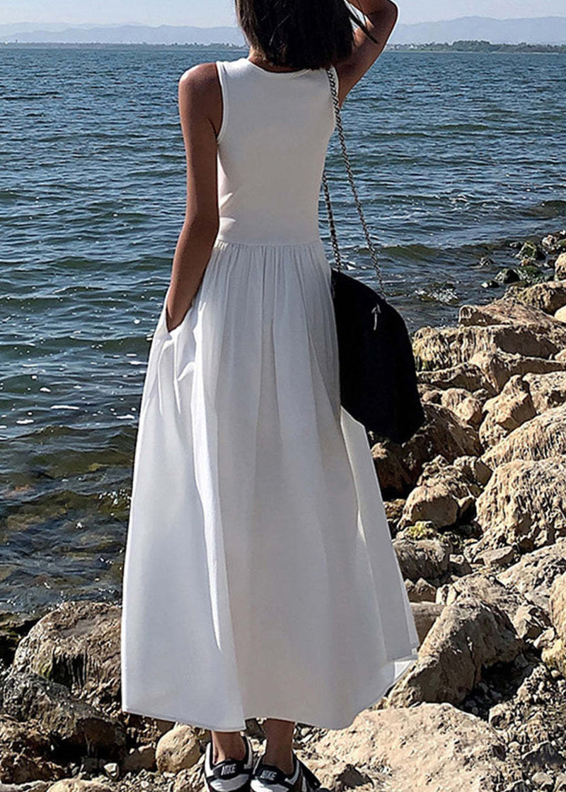 Original Black O Neck Pockets Patchwork Cotton Long Dress Sleeveless