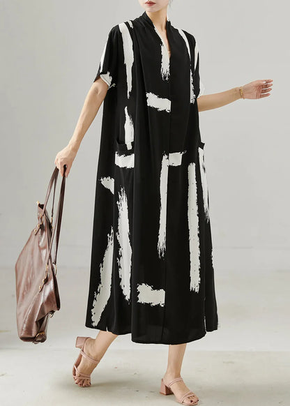 Black Oversized Print Chiffon Maxi Dresses Summer
