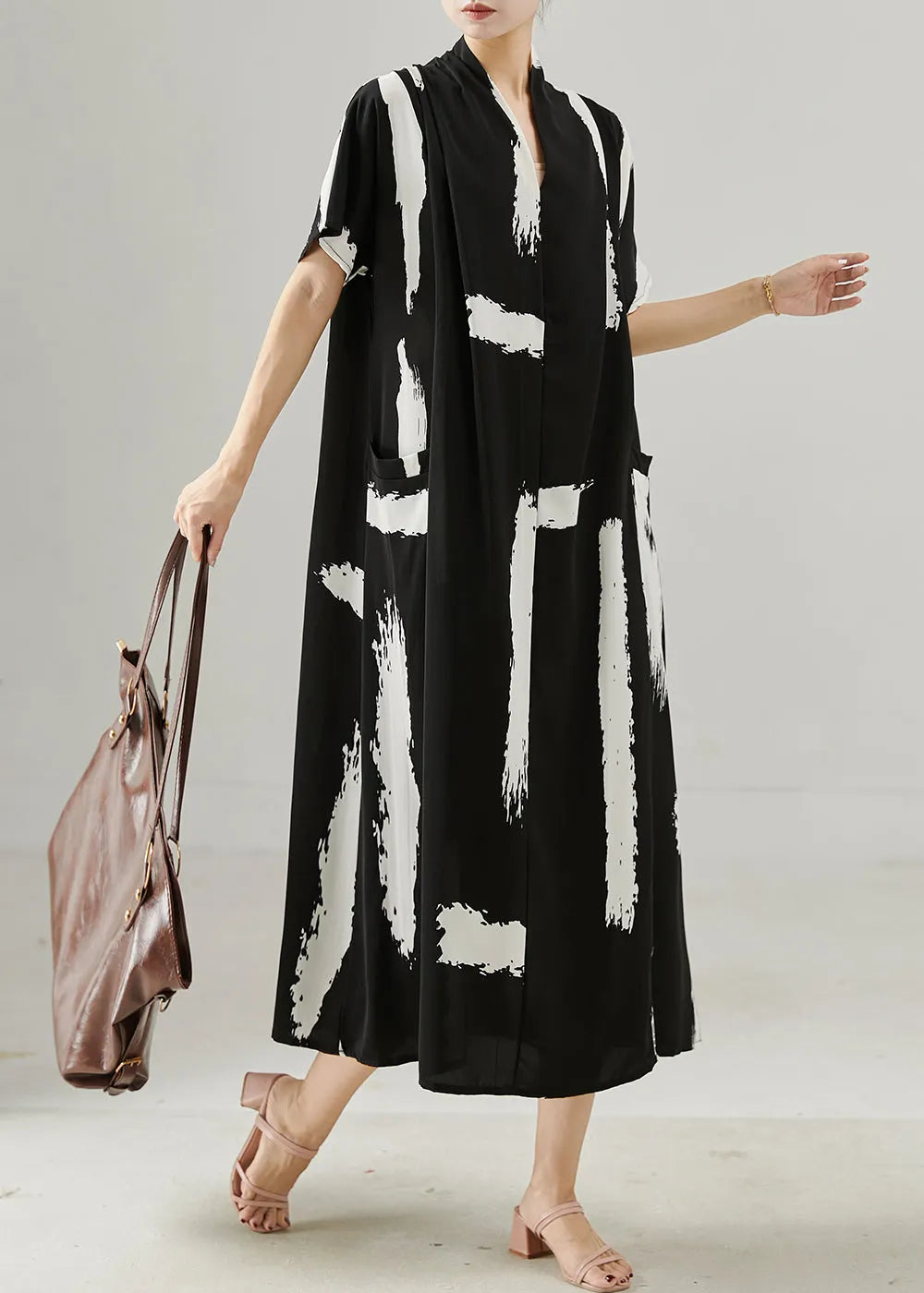 Black Oversized Print Chiffon Maxi Dresses Summer