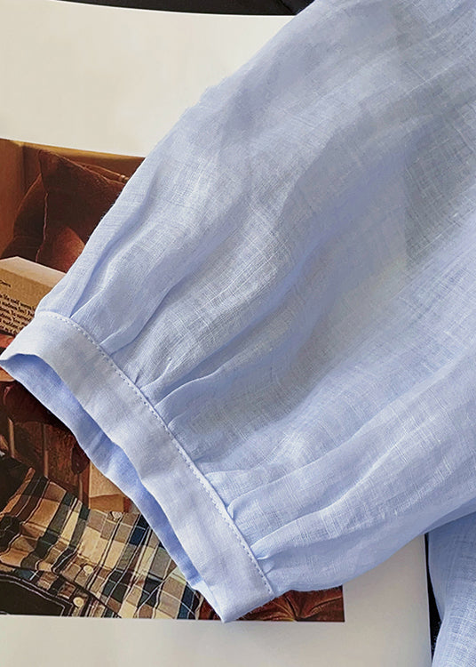 Blue Ruffled Lace Up Button Cotton Blouses Fall