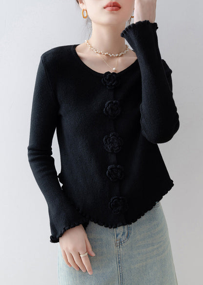 French Black O Neck Ruffled Knitted Tops Spring