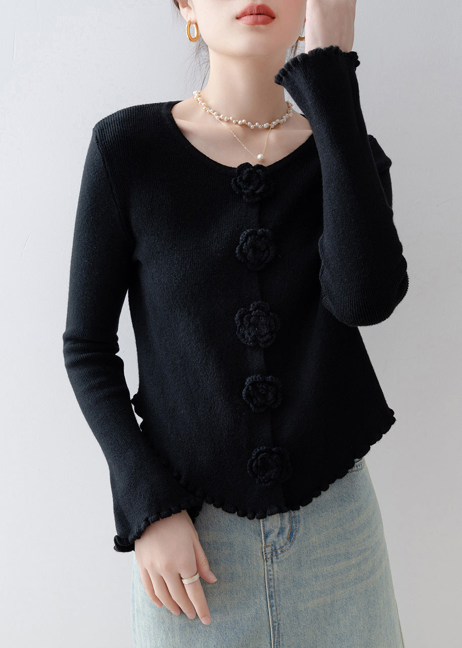 French Black O Neck Ruffled Knitted Tops Spring