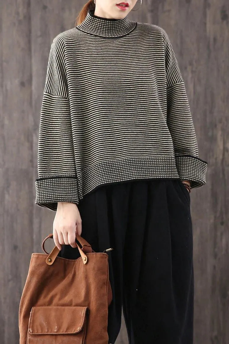 Loose High Collar Striped Sweater, Top,stylish Warm Sweater,wide Sleeve Sweater