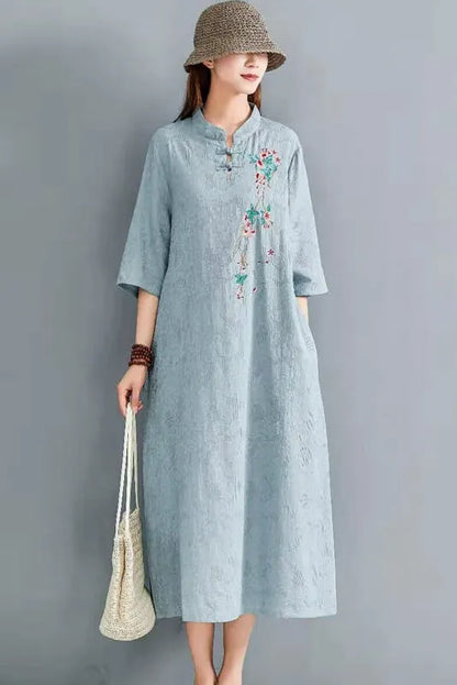 -summer Cotton Linen Embroidered Dress Button Loose Dress