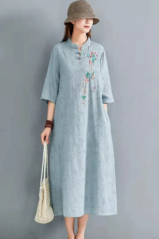-summer Cotton Linen Embroidered Dress Button Loose Dress