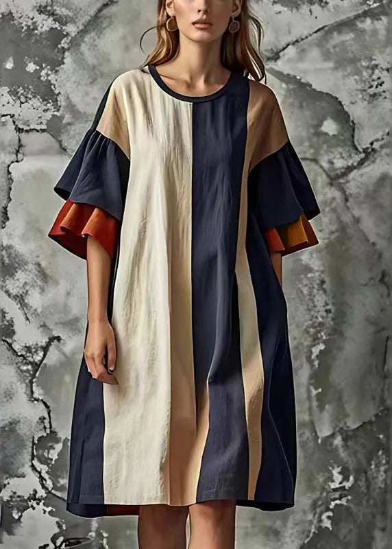 Loose Colorblock O-neck Patchwork Cotton Dress Flare Sleeve