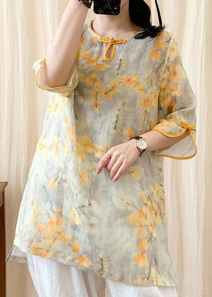 Orange O-neck Print Button Side Open Linen Shirt Half Sleeve