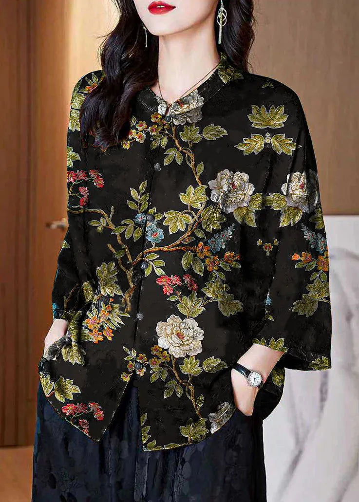 Brown Stand Collar Button Print Patchwork Silk Blouse Top Summer
