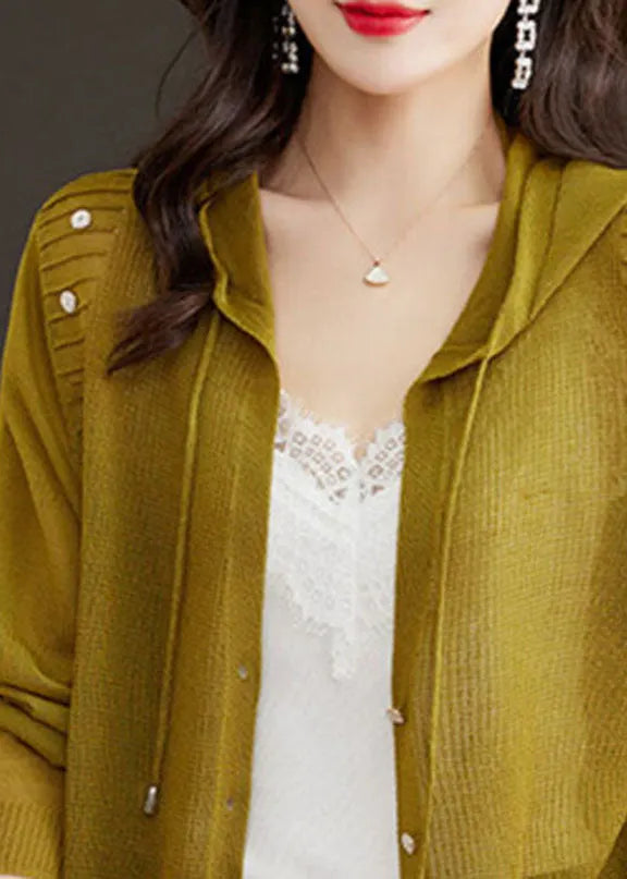 Matcha Colour Drawstring Hooded Ice Size Knit Cardigans Long Sleeve