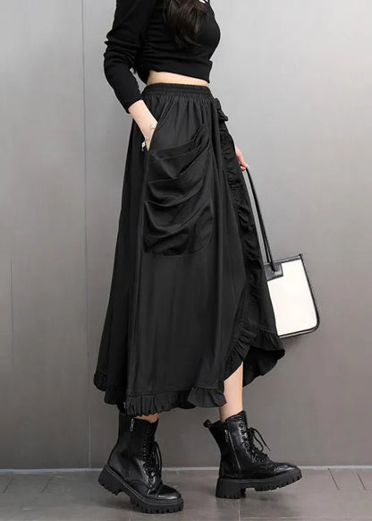 Stylish Black Ruffled Patchwork Pockets Elastic Waist a Line Skirts Spring