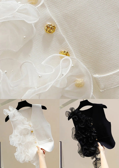 Black Ruffled Tulle Patchwork Cotton Waistcoat V Neck Summer