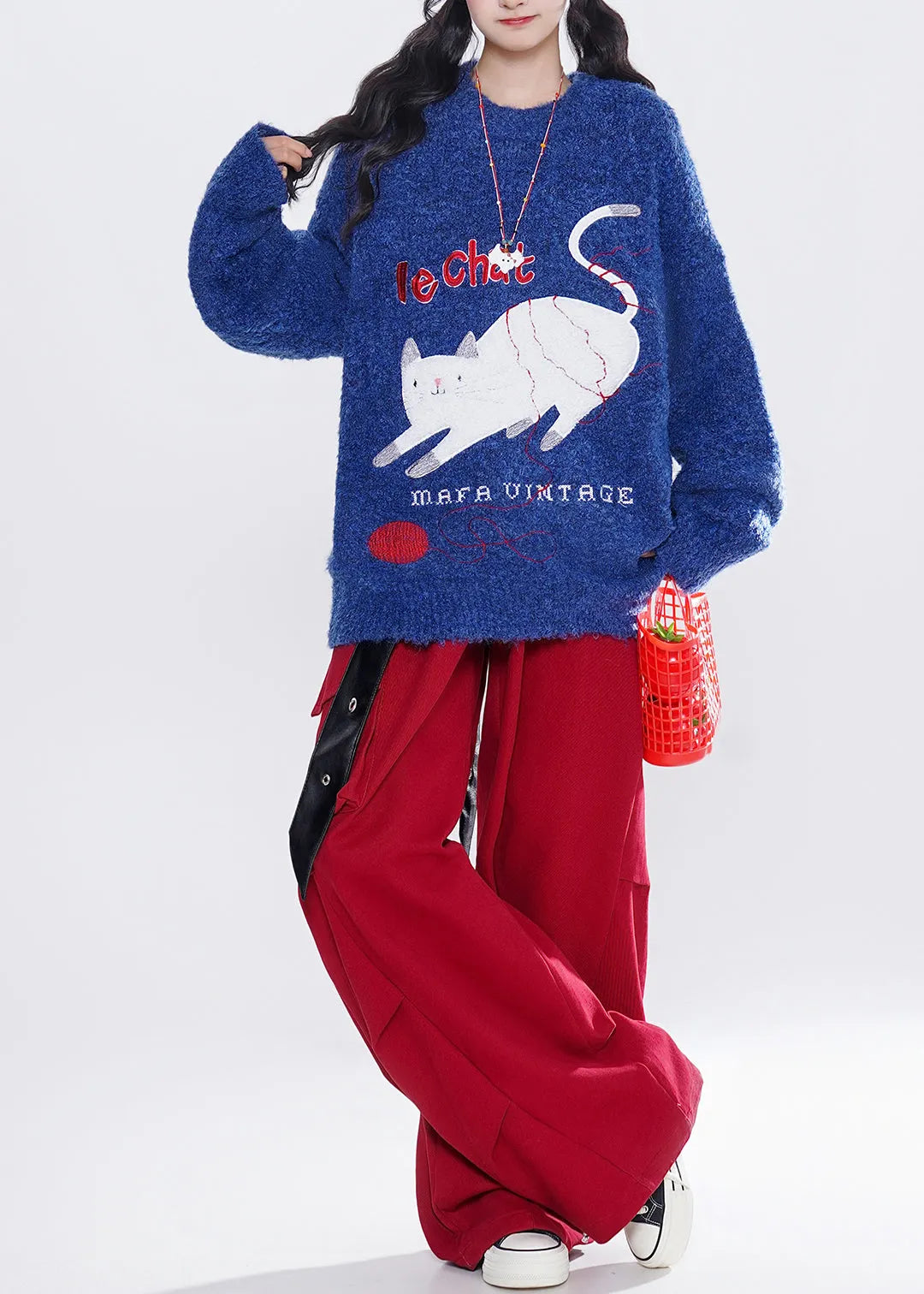 French Blue Embroidered Cat Knit Tops Winter