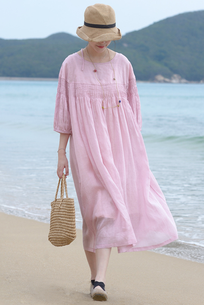 Summer Pleated Cotton Linen Dress Loose Puff Sleeve Long Dress