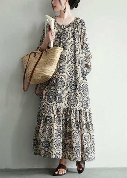 Stylish Print Lace Up Oversized Cotton Long Dresses Spring