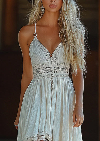 Stylish White Lace Patchwork Cotton Spaghetti Strap Dress Summer