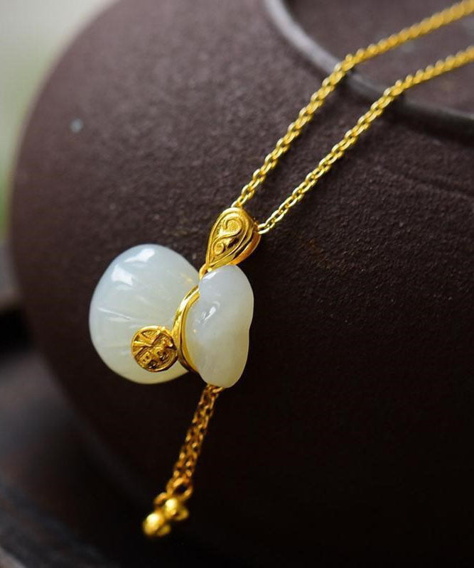 Gold Alloy Inlaid Jade Fu Zi Tassel Lucky Bag Pendant Necklace