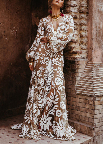 European and American V Neck Embroidered Puff Sleeve Backless Dress