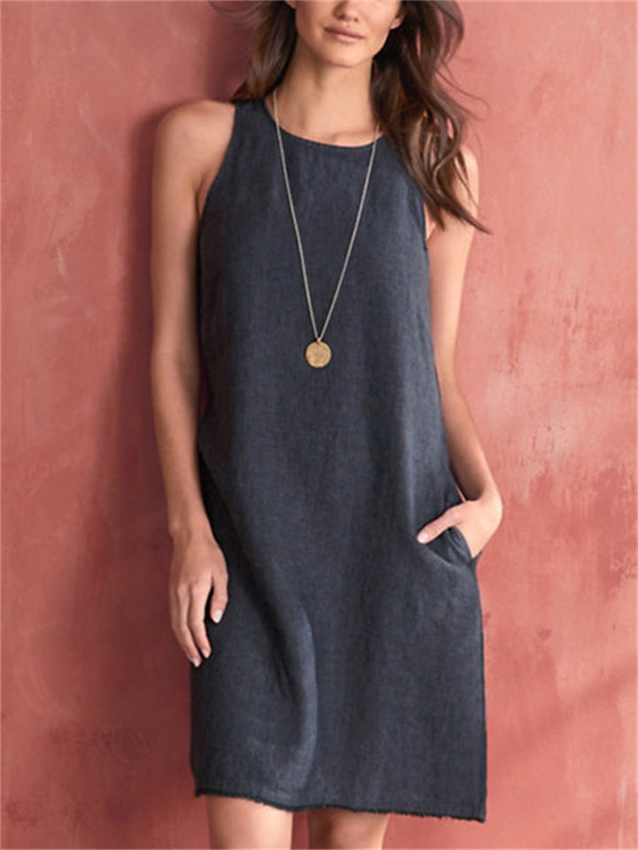 Color Sleeveless Cotton Linen Round Neck Loose Waist Pocket Tassel Undershirt Urban Style A-line Dress