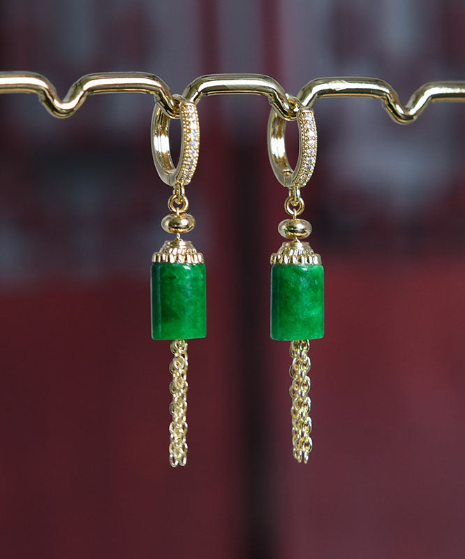 Gold Sterling Silver Inlaid Jade Tassel Drop Earrings