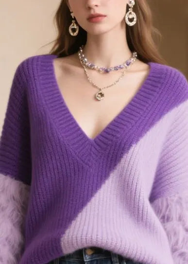 Purple Oversized Patchwork Faux Fur Sweaters Winter