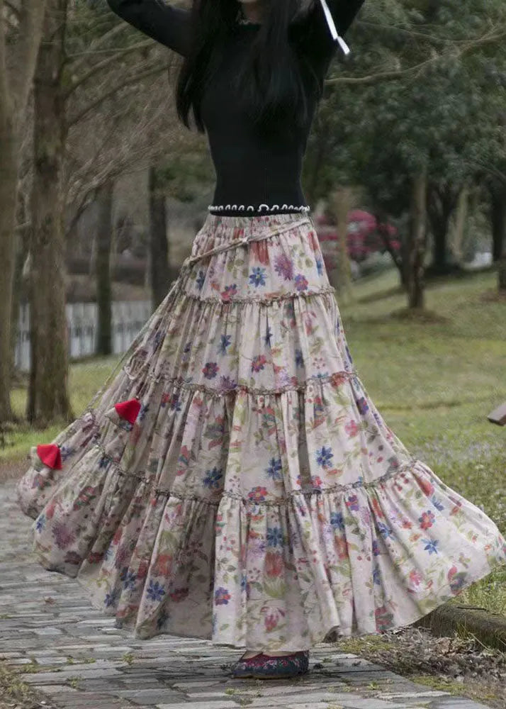 Loose Cinched Print Elastic Waist Patchwork Cotton Skirts Summer