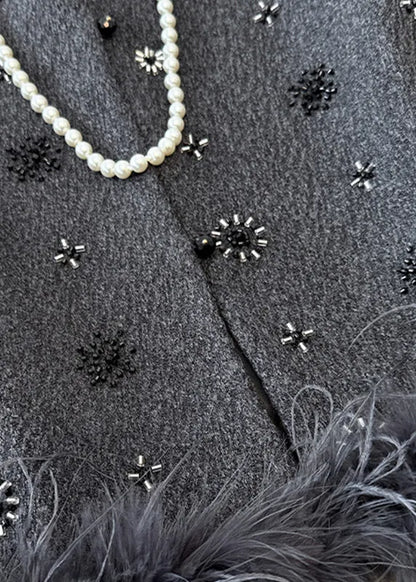 French Grey Sequins Fuzzy Fur Fluffy Waistcoat Fall