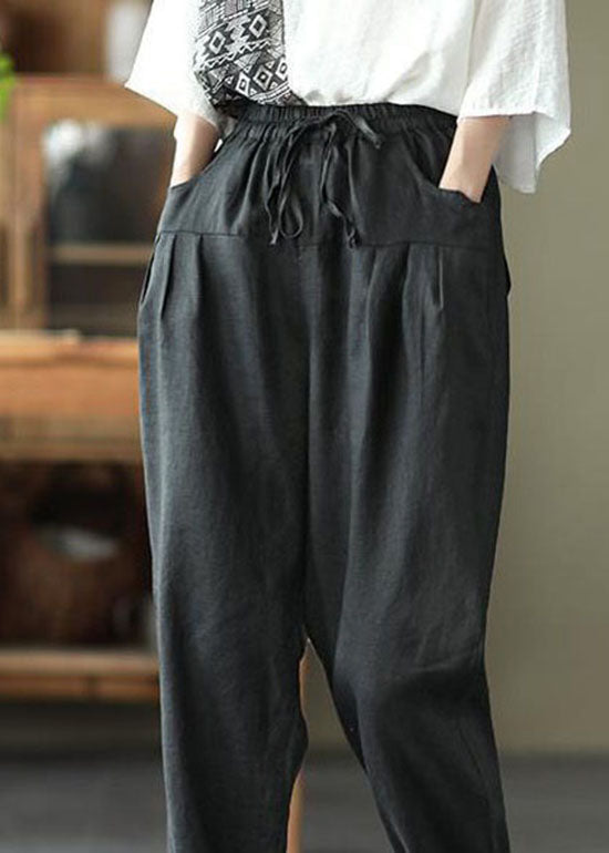 Black Pockets Patchwork Tie Waist Linen Pants Summer
