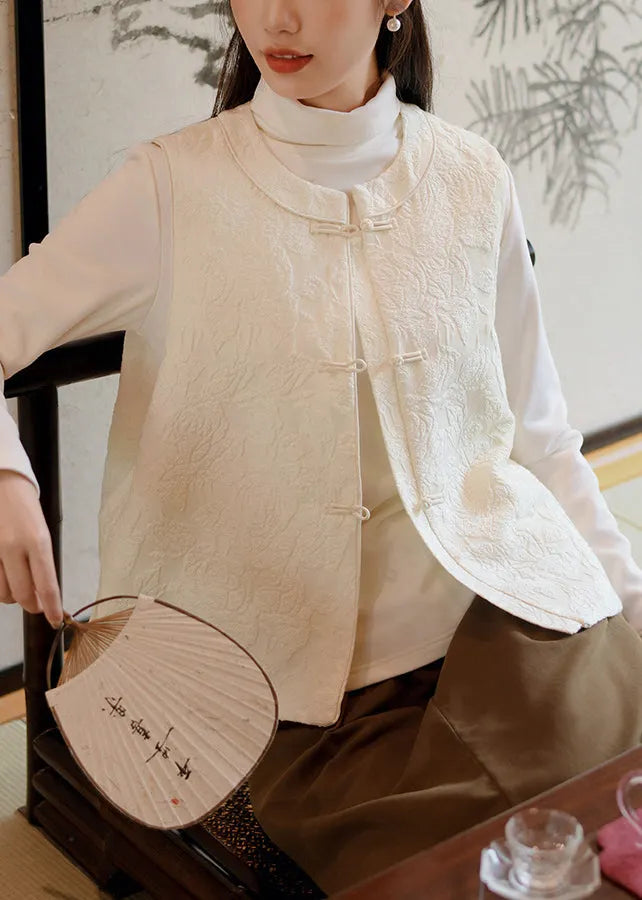 Champagne Chinese Button Jacquard Fine Cotton Filled Vest Sleeveless
