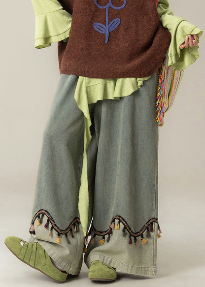 Blue Tasseled High Waist Patchwork Denim Wide Leg Pants Fall