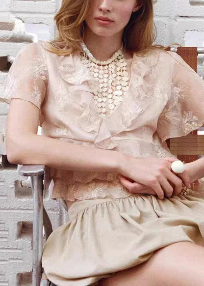 Pink Ruffled Chiffon Shirts and Skirts Two Pieces Set Summer