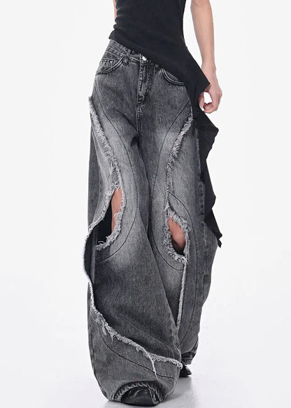 Modern Dark Gray Hole Pockets High Waist Denim Pants Fall