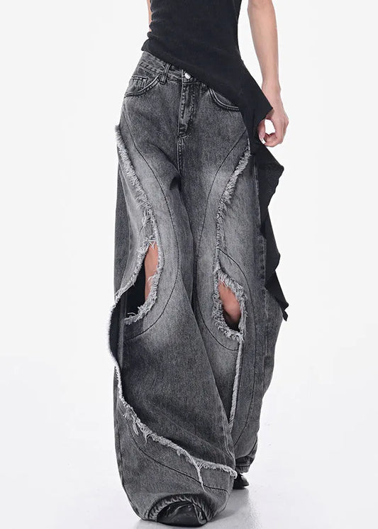 Modern Dark Gray Hole Pockets High Waist Denim Pants Fall