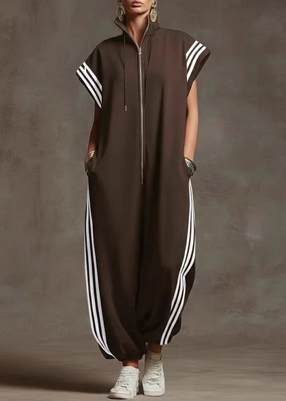Yellow Stand Collar Zip Up Striped Cotton Jumpsuit Summer