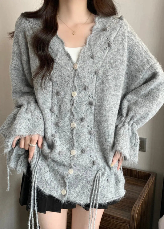 Grey Oversized Fuzzy Ball Decorated Knit Cardigans Fall
