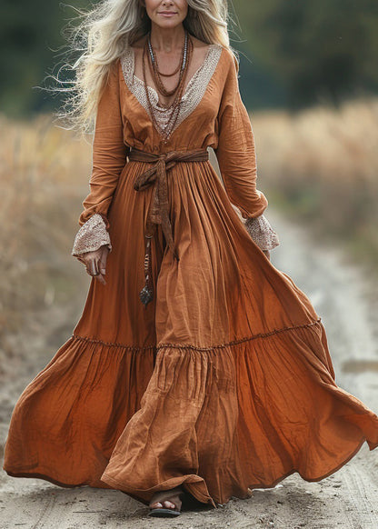 Pastoral Style V-neck Lace Patchwork Long Dress Spring