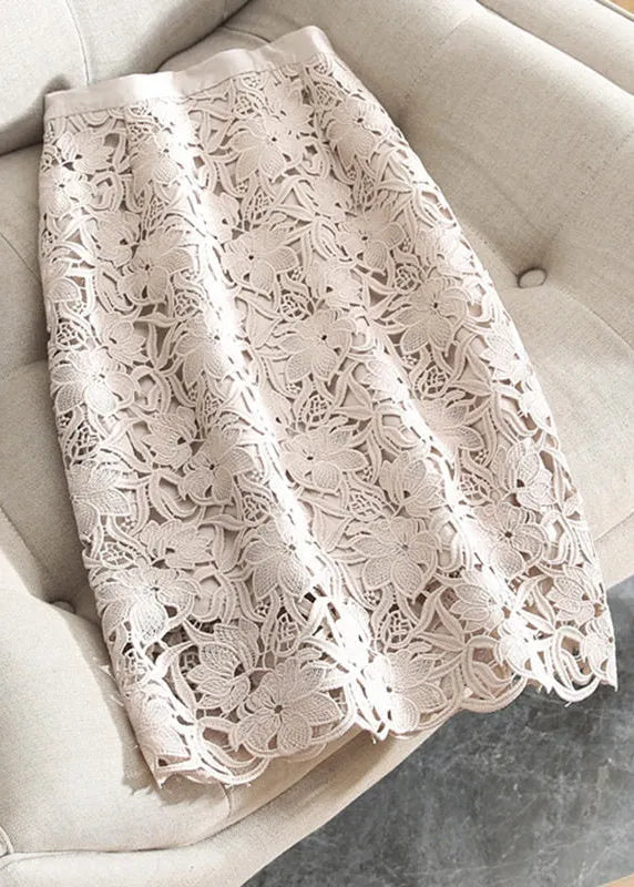 New Light Pink Hollow Out Lace High Waisted Skirts Summer
