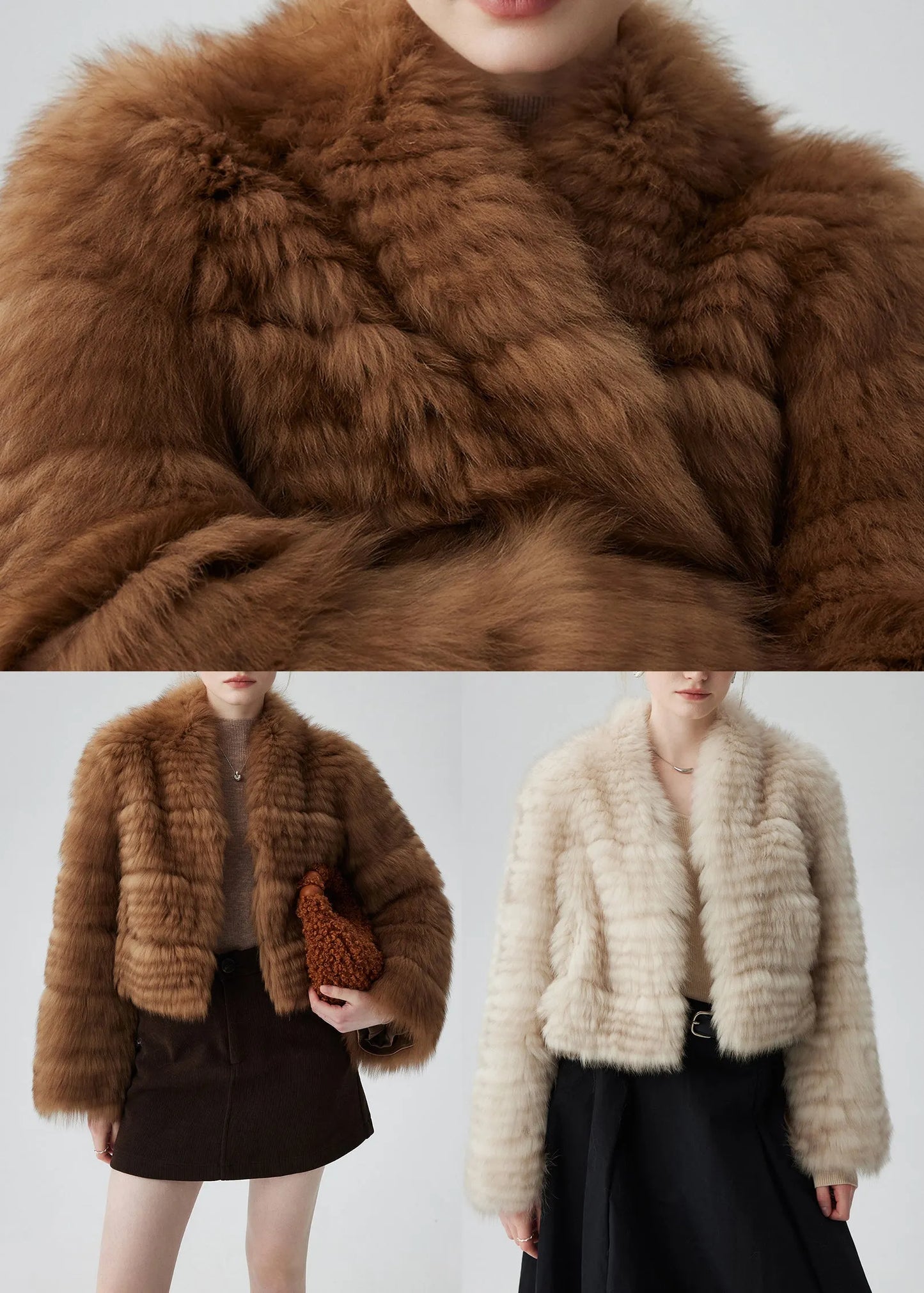 French Brown Oversized Fox Fur Short Cardigan Winter