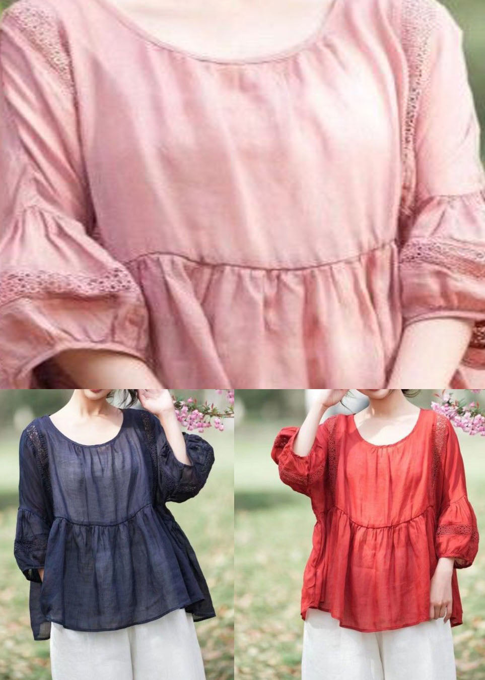 Pink Patchwork Linen Top Embroidered Hollow Out O Neck Summer