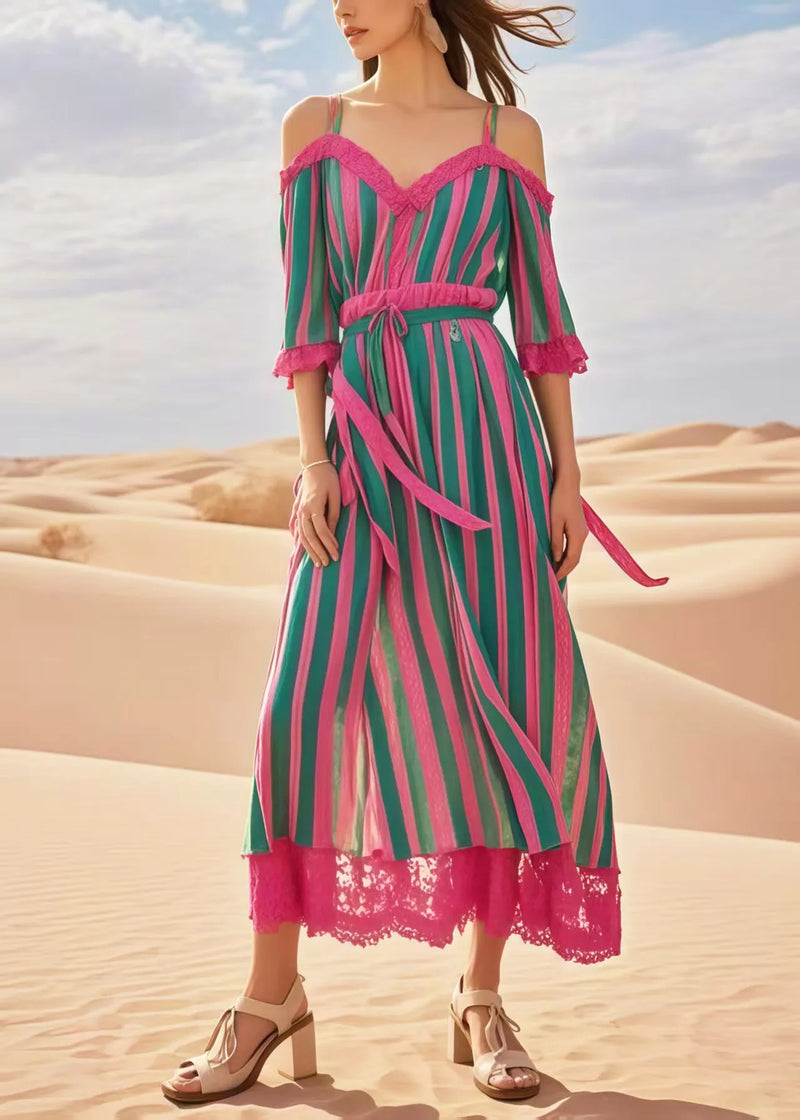 Boutique Multicolour Striped Backless Patchwork Lace Holiday Dresses Summer