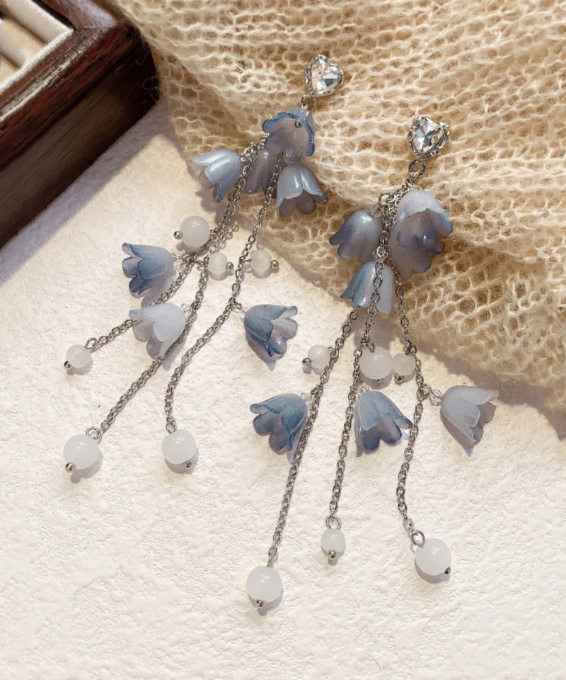 Diy Blue Sterling Silver Zircon Pearl Tassel Drop Earrings