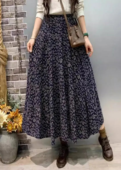 Navy Pockets Elastic Waist Cotton Skirt Fall
